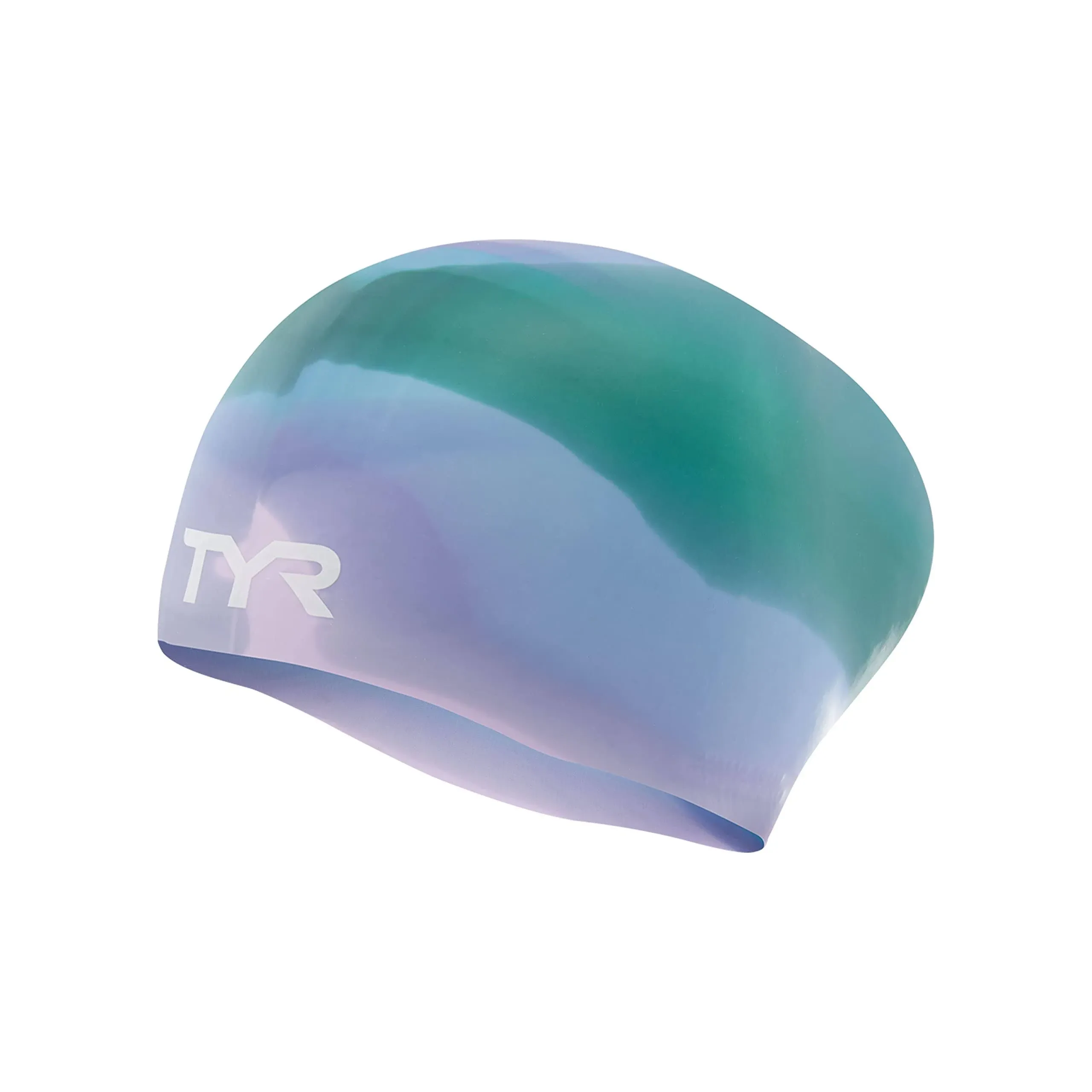 TYR Unisex Teen Youth Tie Dye Silicone Long Hair Swim Cap, Purple/Green