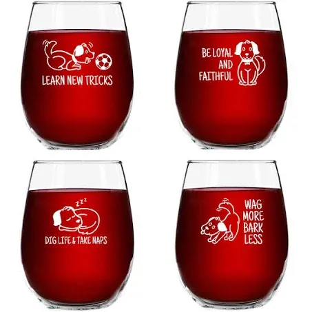 Dog Wisdom Novelty Stemless Wine Glasses Set of 4 | Funny Dog Themed Messages...