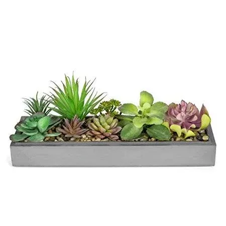 MyGift Mixed Color Artificial Succulent Plant Arrangement in Modern 16-Inch Gray Clay Planter Tray