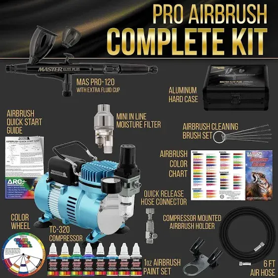 Air Compressor System Kit, Master Elite Plus Airbrush Set 6 Acrylic Paint Color