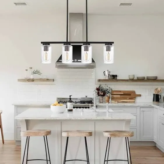 Black Kitchen Island Light with Seeded Glass Shade, 4-Lights Farmhouse Chandelier Ceiling Pendant Lighting Fixture for Dining Room