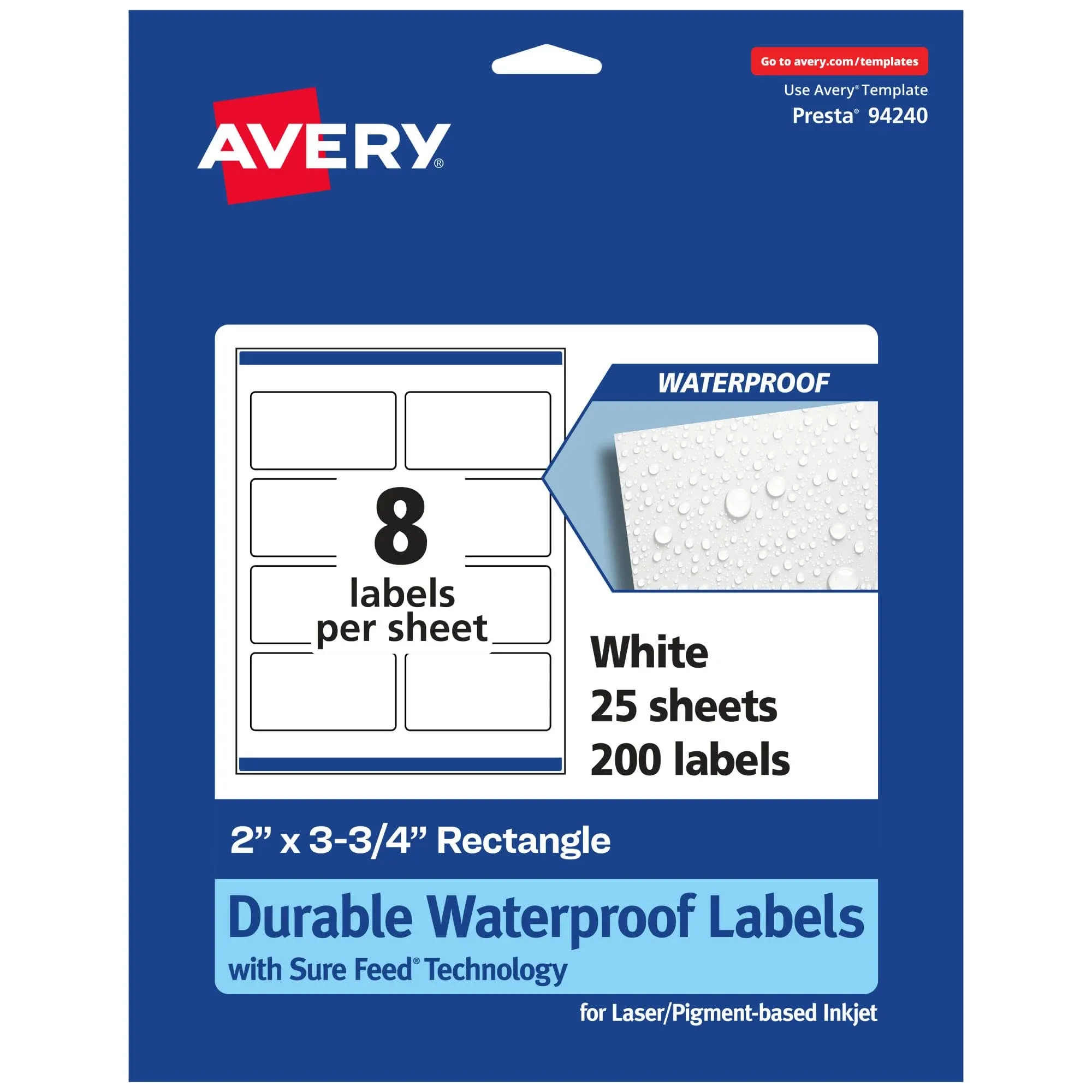 Avery Durable Waterproof Rectangle Labels with Sure Feed, 2" x 3.75", 200 Oil and ...