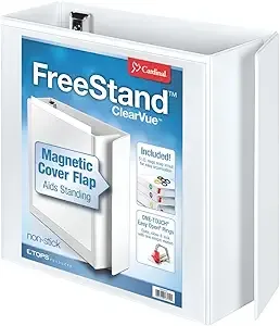 Cardinal 3 Ring Binder, 5 Inch FreeStand Binder with Magnetic Cover Flap, Shelf Pull and 5 Color-Coded Rings, ONE-TOUCH Easy Open Locking Slant-D Rings, Holds 1,050 Sheets, White (43150)