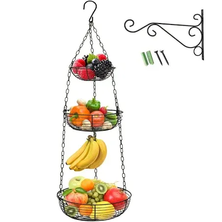 HULISEN 3 Tier Hanging Fruit Basket with Banana Hook Heavy Duty Wire Hanging ...