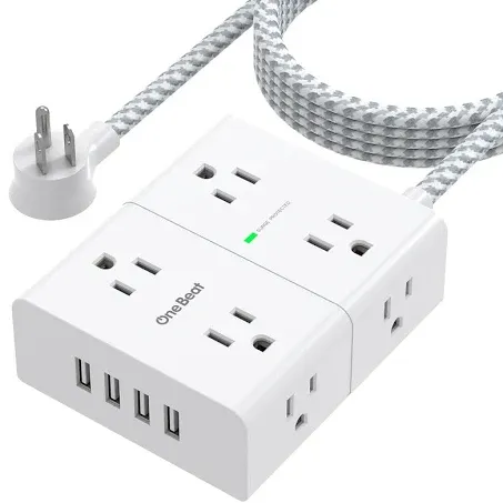 Extension Cord 10 Ft, Surge Protector Power Strip - 8 Widely Outlets 4 USB Ports 10 Ft Long Cord, Flat Plug, Wall Mount, 3-Side Outlet Extender Overload Protect for Home Office Dorm