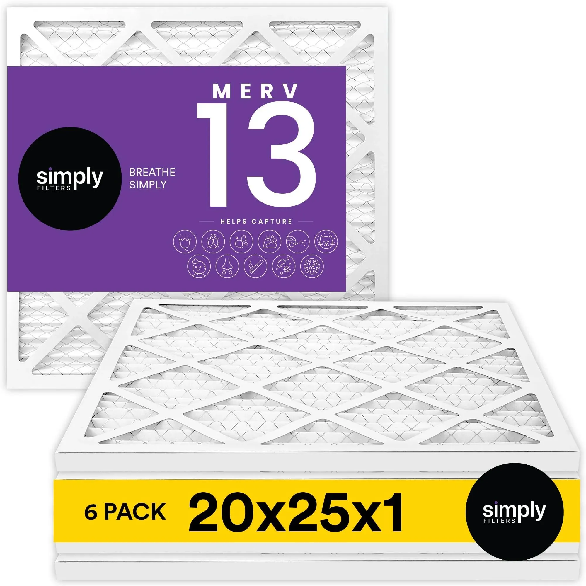 Simply Filters 20x25x1 MERV 13, MPR 1500 Air Filter (6 Pack) Actual Size: 19.75"x24.75"x0.75" HVAC, AC, Furnace, Replacement, Return Air Filter for