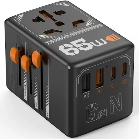 TESSAN Universal Travel Adapter, GaN 65W International Plug Adaptor with 4 USB(2 USB C) Charging Ports, Worldwide Power Outlet for US to European EU UK AUS Ireland(Type C/G/A/I)