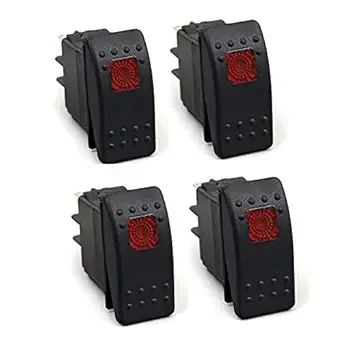 Amarine Made 4 Pack 12v 20 Amp Waterproof Red LED On/Off Boat Marine SPST 3P Rocker Switch with Light - Red LED