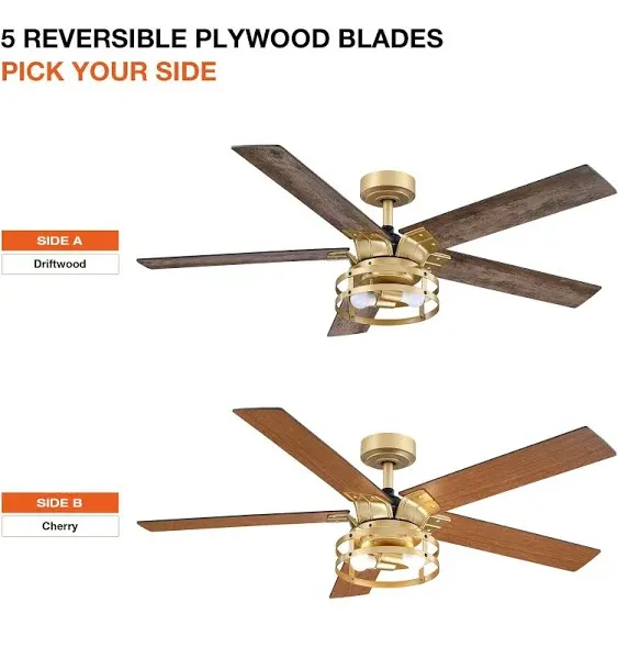 Parrot Uncle 52-in Gold with Pine/Cherry Blades LED Indoor Cage Ceiling Fan Light Kit Compatible and Remote (5-Blade) | F6321GD110V