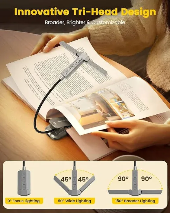 Glocusent Innovative Tri-Head Book Light for Reading in Bed, 3 Colors & 5 Brightness Levels, 1000mAh Rechargeable, with 30-Min Timer, 10-100Hrs, Partner Friendly, Perfect for Book Lovers