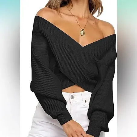 BTFBM Women Casual V Neck Sweaters Cross Wrap Off Shoulder Crop Solid Pullover