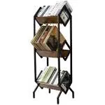 Hadulcet 3 Tier Vinyl Record Storage Rack, 150-200 LP Storage Shelf, Mobile Record Display Holder for Albums, Organizer for Magazines, Books and Files, Vinyl Record Stand with 3 Dividers, Rustic Brown