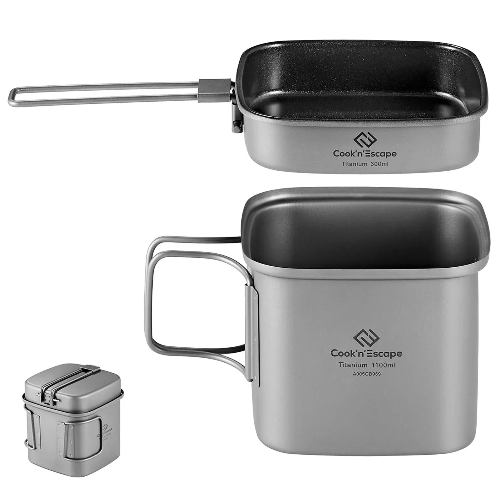 COOK'N'ESCAPE Titanium Camping Cooking Pot, Camping Cookware Set with Folding Handle,Compact Frying Pan Open Over Fire Cooking for Outdoor Backpacking Hiking Picnic