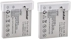 Kastar NB-4L Battery 2-Pack Replacement for Canon PowerShot SD30, SD40, SD200, SD300, SD400 SD430 SD450, SD600 SD630, SD750 SD780, SD940 SD960, SD1000 SD1100 SD1400, TX1, ELPH 100 300 310 331 VIXIA