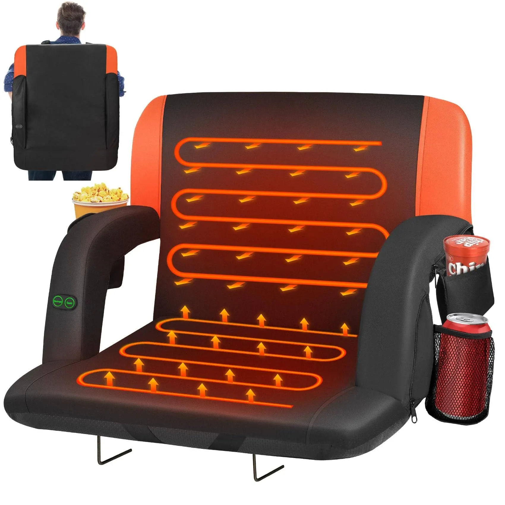 Dual-Sided Heated Stadium Seats for Bleachers with Back Support, 3 Levels Heating Bleacher Seats with Backs and Cushion Wide, 5 Pockets Portable Stadium Chair for Sports (Orange)