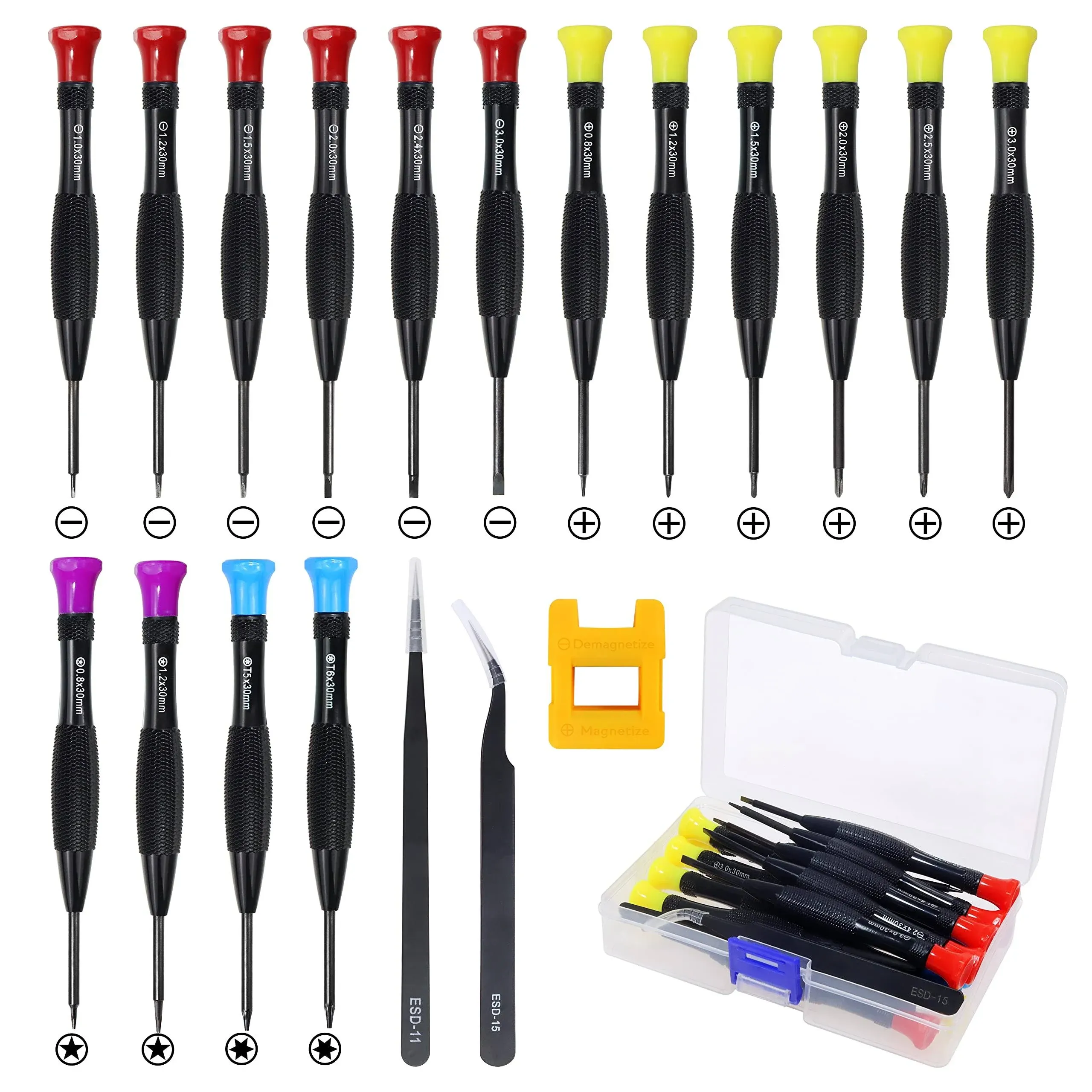 Screwdriver Set, FIXITOK 18Pcs Magnetic Small Screwdrivers with Flathead Phillips Screwdrivers Pentalobe Torx Star Screwdrivers Tweezers in Different Sizes Colors for Repairing Eyeglass Phone Watch