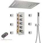 MONDAWE Thermostat-Duschstrahlsystem, 58,4 cm, 64 Farben, LED, Musik, Wasserfall, Regen, Luxus-Duschkopf-System mit 6 Sprühstrahlen, Deckenmontage, Regenduscharmatur-Set, Chrom