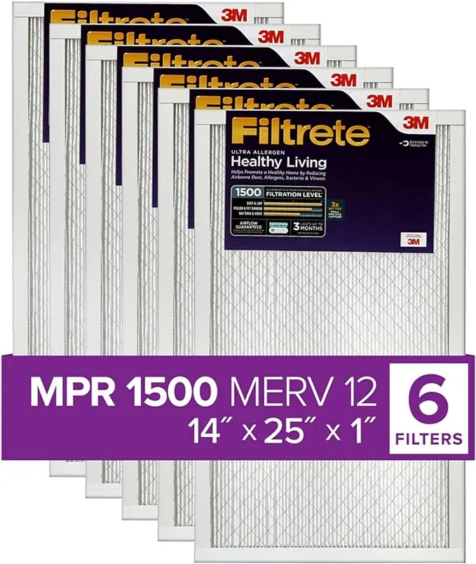 Filtrete 14x25x1 AC Furnace Air Filter, MERV 12, MPR 1500, CERTIFIED asthma & allergy friendly, 3 Month Pleated 1-Inch Electrostatic Air Cleaning Filter, 6-Pack (Actual Size 13.81x24.81x0.78 in)