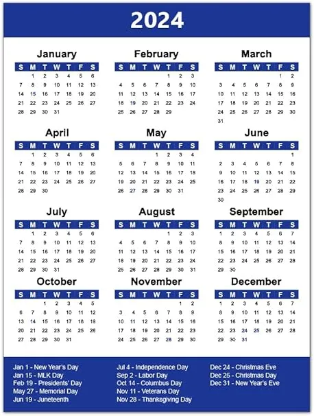 2024 Magnetic Full Yearly Calendar by DCM Solutions (Cyan, 7.5"W x 10"H)