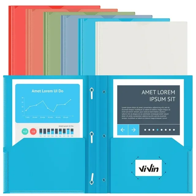 ViVin Plastic Folders with Clear Front Pocket, Heavy Duty 2 Pocket Folder with 3 Prongs,6 Pack, Fits Letter Size Sheets, Multicolor Bulk foders for Office and School (Assorted Color)