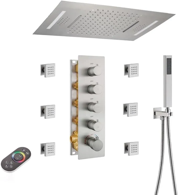 MONDAWE 23" Full Body Thermostatic Shower Jets System, 64-Color LED Music Waterfall Rainfall Luxury Shower Head System with 6 Spray Jets, Ceiling Mount Rain Shower Faucet Set, Brushed Nickel