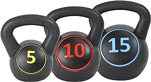 BalanceFrom Set of 3 Vinyl Ergonomic Wide Kettlebell Exercise Workout Fitness Weights for Balance and Strength Training, 5, 10, and 15 Pounds, Black