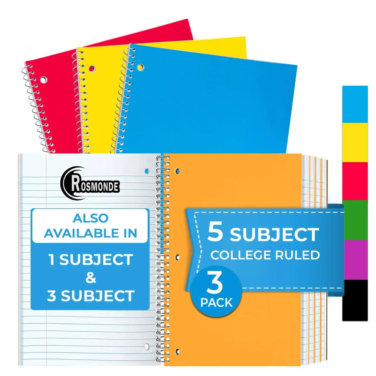 Rosmonde 5 Subject Notebook College Ruled, 3 Value Pack, 300 Pages (150 Sheets), 8 x 10-1/2 inch, 5 Subject College Ruled Spiral Notebooks for School