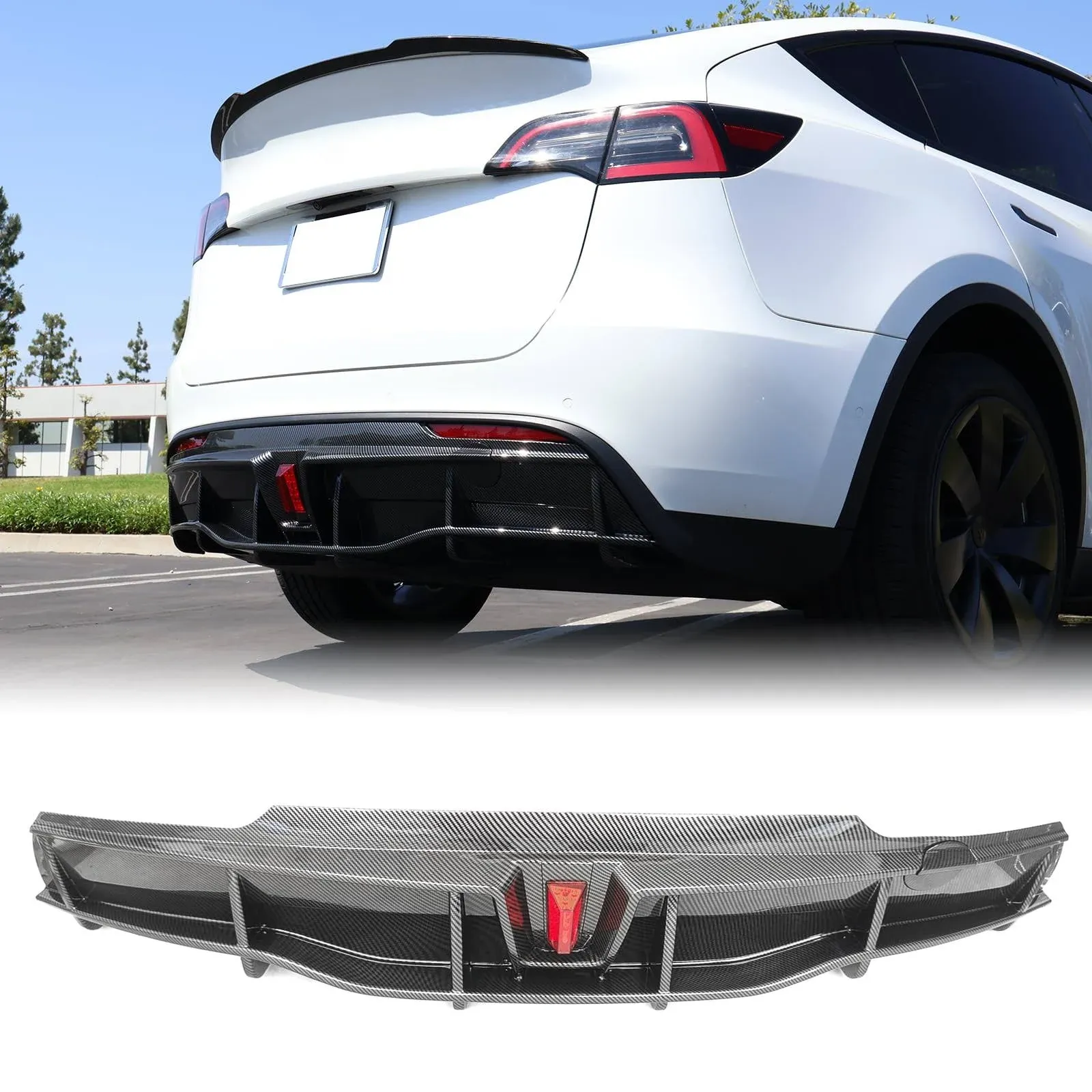 FREEMOTOR802 Rear Diffuser, Fit for 2020-2024 Tesla Model Y Sport 4-Door, Carbon Fiber Print PP IKON Style Rear Bumper Molding Protector Lip With LED Lamp Add on