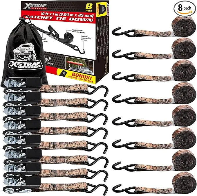 XSTRAP STANDARD Ratchet Tie Down Straps - 8PK - 1'' x 10 ft - 900 LB Break Strength Cargo Straps for Moving Appliances, Lawn Equipment, Motorcycle (Camouflage2)