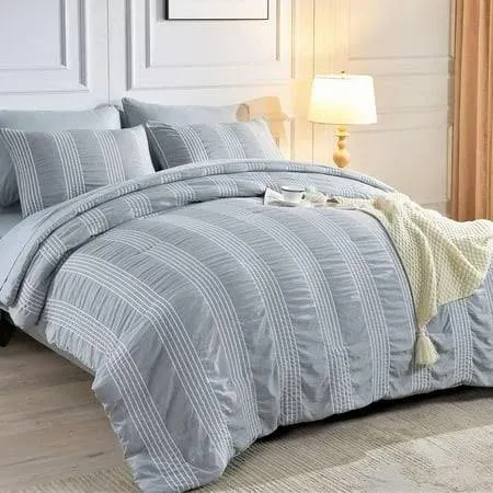 Queen Boho Bed in A Bag 7 Pieces Grey Seersucker Comforter Set(90 inchx90 inch ...