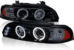 Spec-D Tuning Halo Glossy Black Housing Smoke Lens Projector LED Headlights Compatible with 1996-2003 BMW E39 5-Series All Without OE Xenon Headlights, Left + Right Pair Headlamps Assembly