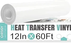 CAREGY Heat Transfer Vinyl White Iron on Vinyl-12"x 60Ft HTV Vinyl Roll Easy to Cut & Weed for Heat Vinyl Design