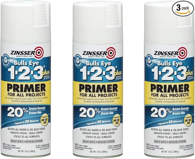 Zinsser 272479-3PK Bulls Eye 1-2-3 Plus Spray Primer, 13 oz, White, 3 Pack