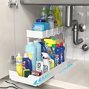 Under Sink Organizers and Storage, Mastom Kitchen Bathroom Sink Organizer with Hooks, 2 Tier L Shaped Pull Out Under Cabinet Basket Storage with Sliding Drawers, Black