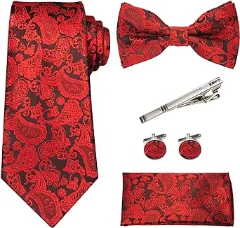 RBOCOTT Solid Color Paisley Tie and Bow Tie with Pocket Square and Tie Clip Cuff