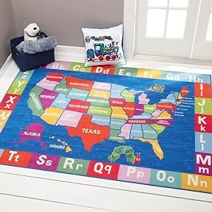 Eric Carle Elementary USA Map Kids Machine Washable Area Rug Blue/Red, 4'11"x6'6"