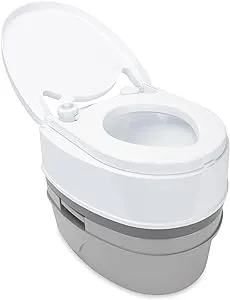 Camco Camper / RV Premium Travel Toilet - Features a 5.3-Gallon Detachable Holding Tank, Pump Flush Design & Spring-Loaded Latch (41544)