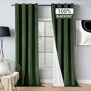 MIULEE 100% Blackout Velvet Curtains 96 Inches Long Olive Green Black Out Curtains for Bedroom Windows Drapes for Living Room Darkening Thermal Insulated Grommet Curtains for Light Blocking Set of 2