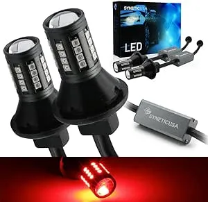 Syneticusa 3157 Error Free Canbus Ready Red LED Brake Parking Tail Stop Turn Signal Light Bulbs DRL Parking Lamp No Hyper Flash All in One With Built-In Resistors