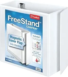 Cardinal 3 Ring Binder, 5 Inch FreeStand Binder with Magnetic Cover Flap, Shelf Pull and 5 Color-Coded Rings, ONE-TOUCH Easy Open Locking Slant-D Rings, Holds 1,050 Sheets, White (43150)