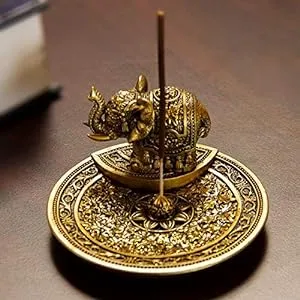 Feng Shui Golden Elephant With Trunk Up Lotus Padma Incense Burner Dish Figurine