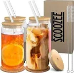 Scoozee Iced Coffee Cups with Lids [4 Pcs-18Oz] Beer Glasses with Bamboo Lids & Glass Straws, White Elephant Gifts, Glass Cups with Lids & Straws, Coffee Glass Tumbler, Housewarming Gifts New Home