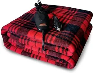 SJC Electric Blanket 60"x 40" 12V Heated Travel Blanket with 3 Heating Setting Fleece Car Blanket,Burgundy&Black