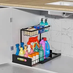 Under Sink Organizer, 2 Tier Under the Kitchen Organizers and Storage, Pull Out Under Bathroom Cabinet Sliding Drawer Drill Free Multi-Purpose Shelf for Kitchen Bathroom 14.2x10.6x11 Inch