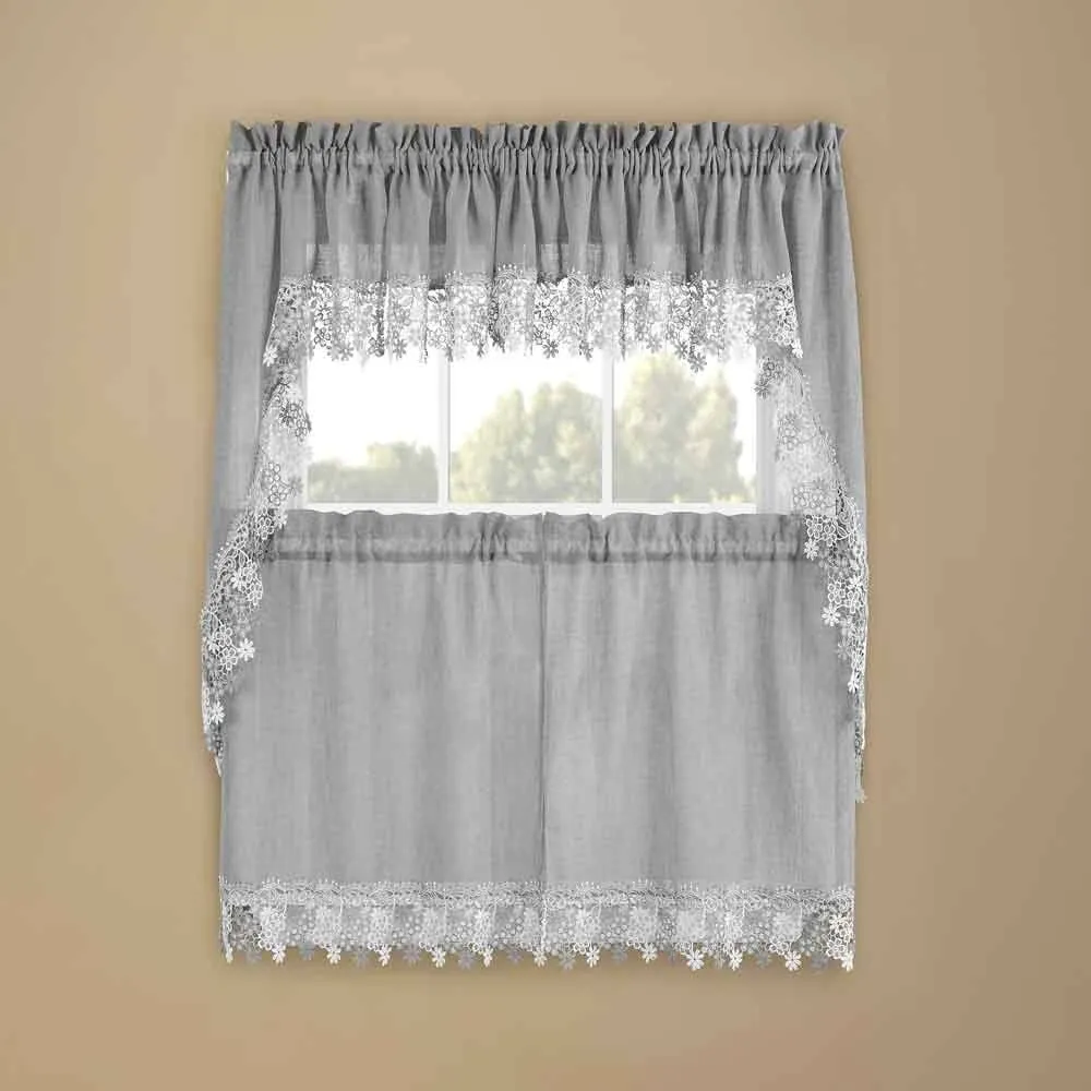 Lillian Macrame Trim Tier Curtain Grey