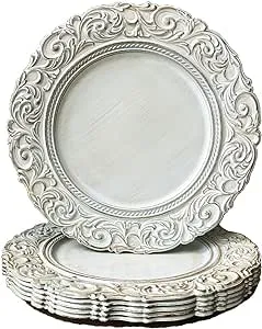 Umisriro Antique Charger Plates 13 inch White Dinner Plate Chargers Round Server Ware Set of 6 Plastic Embossed Charger for di