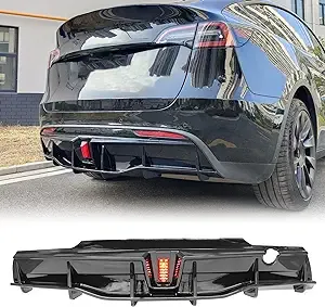 FREEMOTOR802 Rear Diffuser, Fit for 2020-2024 Tesla Model Y Sport 4-Door, Gloss Black PP Ikon Style Rear Bumper Molding Protector Lip with LED Lamp