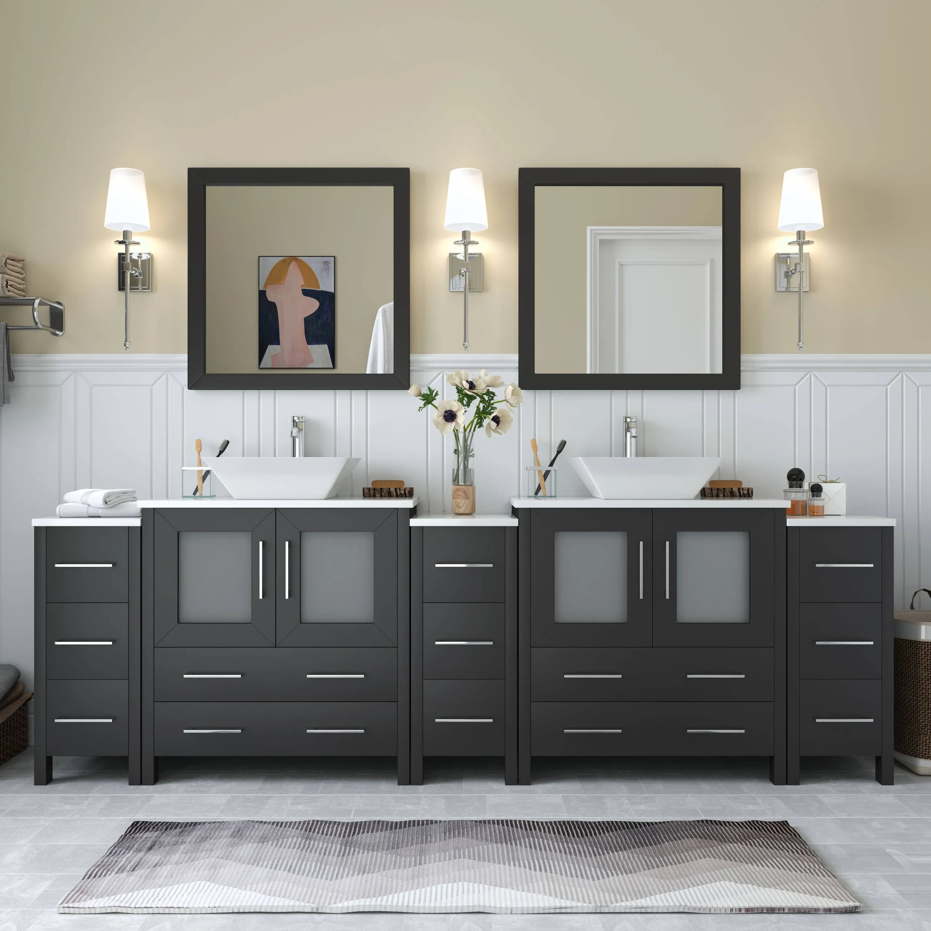 Vanity Art Ravenna 96 in. W Bathroom Vanity in Espresso with Double Basin in White Engineered Marble Top and Mirrors VA3130-96E