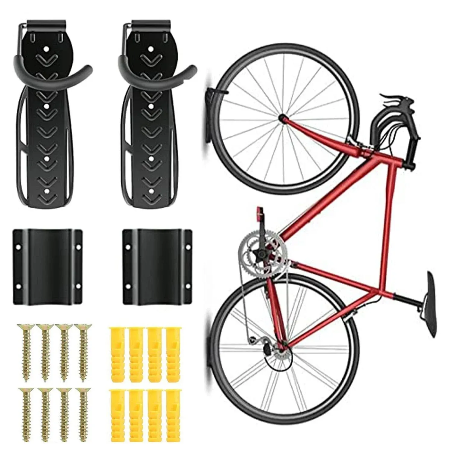 Etoolia 2 Pcs Heavy Duty Bike Wall Mount Hooks with Tire Tray-Vertical Bike Rack with Rubber Coated Hooks for Hanging Road,Mount