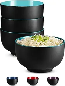 KooK Ramen Bowl, Japanese Bowls, Noodle Bowls, Large Soup Bowl, Ceramic, Large Capacity, For Ramen, Pho, Udon, Soba, Microwave and Dishwasher Safe, 34 oz, Set of 4 (Black/Teal)